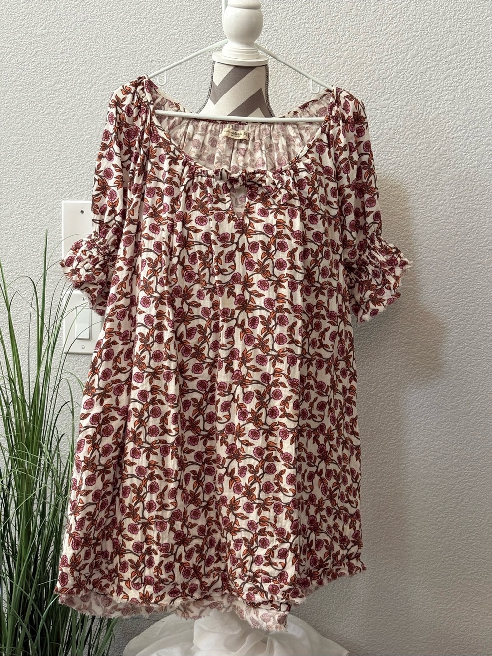 NATURAL LIFE Cream dress with maroon & cream Floral Print